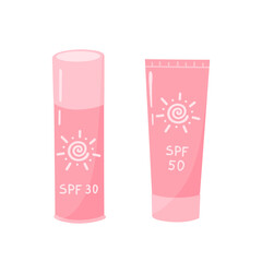 Sunscreen cosmetics. SPF cream set. Vector Illustration for printing, backgrounds, covers and packaging. Image can be used for greeting card, poster, sticker and textile. Isolated on white background.