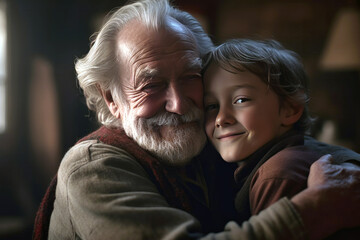 Fototapeta premium grandfather and grandson hug each other. Created with artificial intelligent