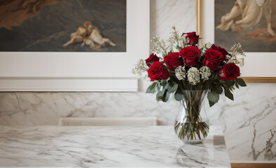 marble table with beautiful bouquet of red and pink roses, mother's day, wedding, floral decoration