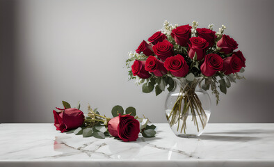 marble table with beautiful bouquet of red and pink roses, mother's day, wedding, floral decoration