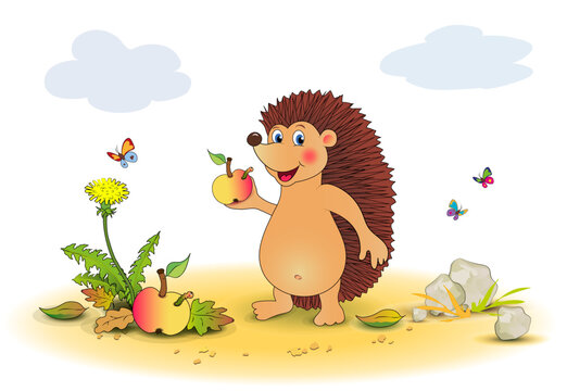 Igel mit Apfel, Apfel mit Wurm, L&ouml;wenzahn und Schmetterlinge,
Vektor Illustration isoliert auf wei&szlig;em Hintergrund
