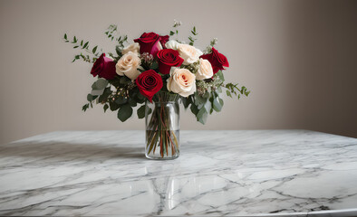 marble table with beautiful bouquet of red and pink roses, mother's day, wedding, floral decoration