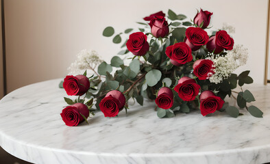 marble table with beautiful bouquet of red and pink roses, mother's day, wedding, floral decoration