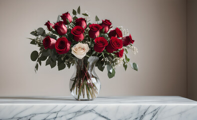 marble table with beautiful bouquet of red and pink roses, mother's day, wedding, floral decoration