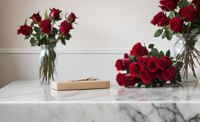 marble table with beautiful bouquet of red and pink roses, mother's day, wedding, floral decoration