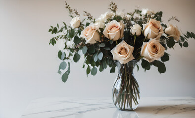 marble table with beautiful bouquet of red and pink roses, mother's day, wedding, floral decoration