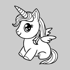 Cute cartoon unicorn . Fantastic animal. Black and white, linear, image. For the design of coloring books, prints, posters, stickers, tattoos, etc. Vector