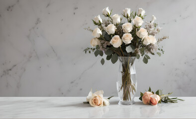 marble table with beautiful bouquet of red and pink roses, mother's day, wedding, floral decoration