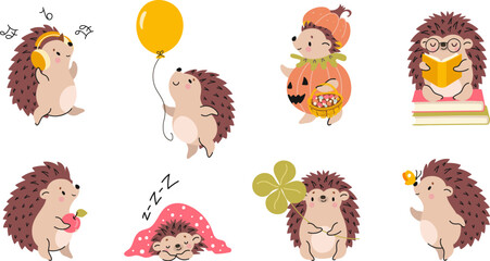 Forest autumn hedgehogs. Cute cartoon hedgehog play with balloon, listen music and reading books. Halloween animal in pumpkin, nowaday vector set
