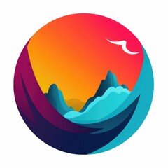 Obraz premium Illustration of a vibrant mountain landscape within a circular frame