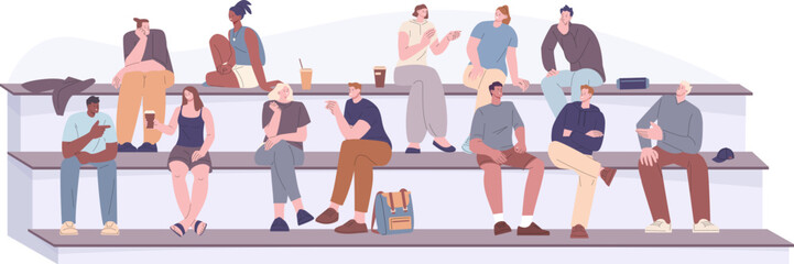 Fototapeta premium People sitting together, youth rest. Students on break talking, drinking coffee and eating. Group on bench, communication kicky vector scene