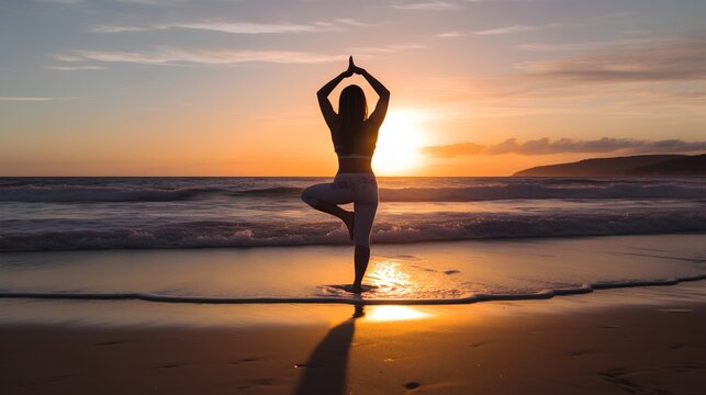 Person practicing yoga on beach during sunset, promoting mental health, self-care, and connection to nature. Generative AI