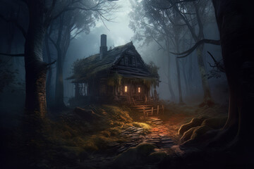 Dark Spooky Hag Cabin in the Woods Concept Art created with Generative ai technology - obrazy, fototapety, plakaty
