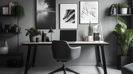 Modern and stylish home office setup featuring ergonomic furniture and decorative elements for remote work - Generative AI