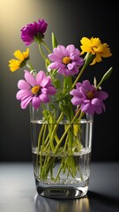 Glass of fresh spring flowers in vase. Decoration. Generative AI