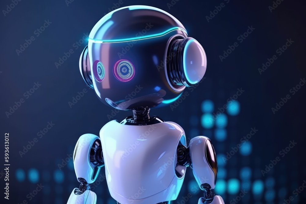 Poster cute robot character. chatbot for social media chat. distinct generative ai image.