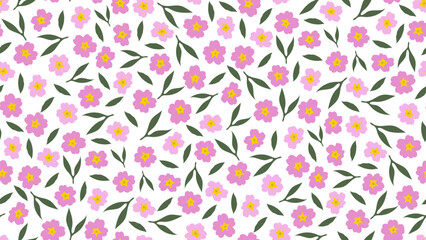 Trendy florals in 70s style with groovy cute pink flowers. Vintage style seamless pattern. Vector illustration.