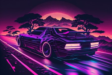 Obraz na płótnie Canvas an illustration, driving at night in purple wave futuristic car, ai generative