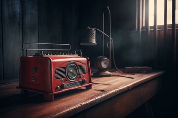 Fototapeta na wymiar Vintage red radio receiver on wood table. Wallpaper 3d. Generative AI
