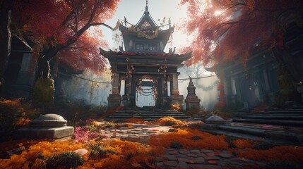 illustration, enchanting world, the temple colored, ai generative.