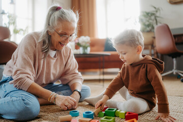 Grandmother playing with her little grandson,building a block set.