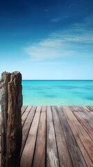 A wooden dock jetty pier with a tropical blue ocean summer sky background. A.I. Generated
