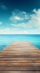 Fototapeta premium A wooden dock jetty pier with a tropical blue ocean summer sky background. A.I. Generated 