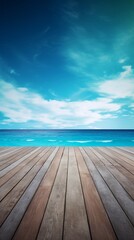 A wooden dock jetty pier with a tropical blue ocean summer sky background. A.I. Generated
