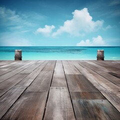 A wooden dock jetty pier with a tropical blue ocean summer sky background. A.I. Generated
