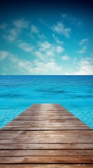 A wooden dock jetty pier with a tropical blue ocean summer sky background. A.I. Generated
