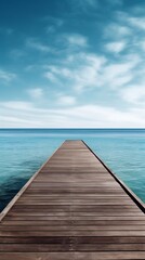 Fototapeta premium A wooden dock jetty pier with a tropical blue ocean summer sky background. A.I. Generated 