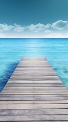 A wooden dock jetty pier with a tropical blue ocean summer sky background. A.I. Generated
