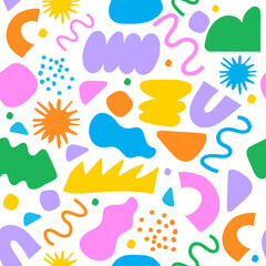 Abstract seamless pattern with colorful doodles inspired by Matisse. Flat cartoon background, simple random shapes in bright childish colors.