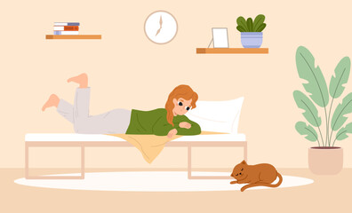 Girl resting on bed and looking at cat. Cute kitten sleep, teens relax in bedroom. Home lazy time, cartoon student tired, vector cozy scene