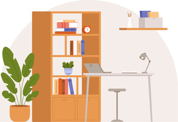 Home office interior. Flat work or study place in apartment. Bookshelf, desk with computer and giant plant. Room vector background with furniture