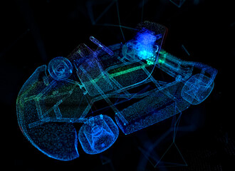 Karting car. Blue particle and lines form 3d model Kart