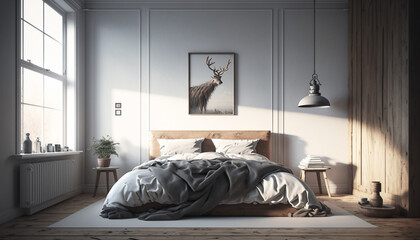 Home mockup, cozy wooden bedroom interior background with big window, Generative AI