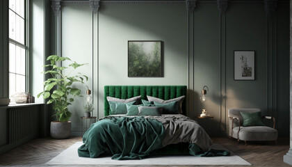 Classic green bedroom interior with green buttoned bed and luxury lamps and armchair, Generative AI