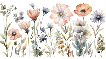 delicate watercolor beautiful meadow flowers on white background. generative ai	
