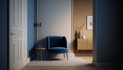Room with blue wall and wooden floor with blue modern armchair. Bright room interior mockup. Stylish room for mockup, Generative AI