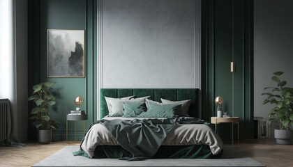 Trendy green color year 2023 panton in the rich bedroom. Mockup modern room design interior home, Generative AI