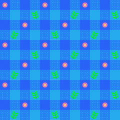 Blue tone of gingham pattern decorated with flower and leaves For plaid, tablecloth, clothe, shirt, dress, paper, bed, blanket, quilt, textile. Vector seamless design. Concept of spring summer time.