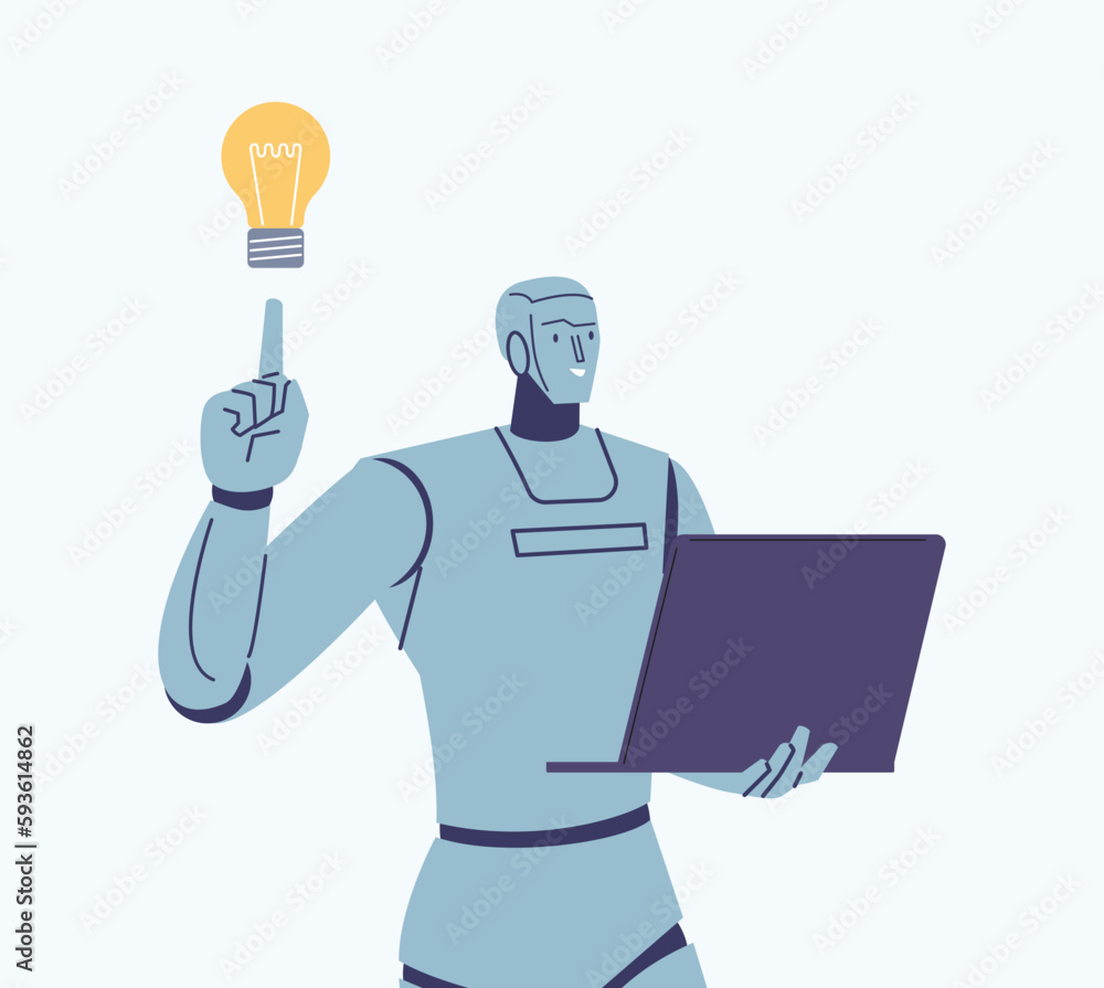 Aufkleber robot with laptop has idea. digital search metaphor, android system or future office worker. creativ