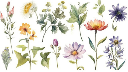 delicate watercolor beautiful meadow flowers on white background. generative ai	
