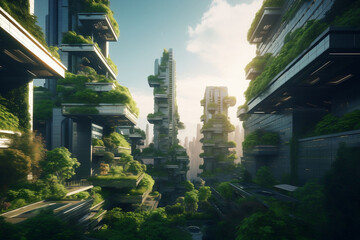 Eco,futuristic cityscape ESG concept full with greenery, skyscrapers, parks, and other manmade green spaces in urban area, Green garden in modern city, Digital art 3D illustration, (Generative AI)