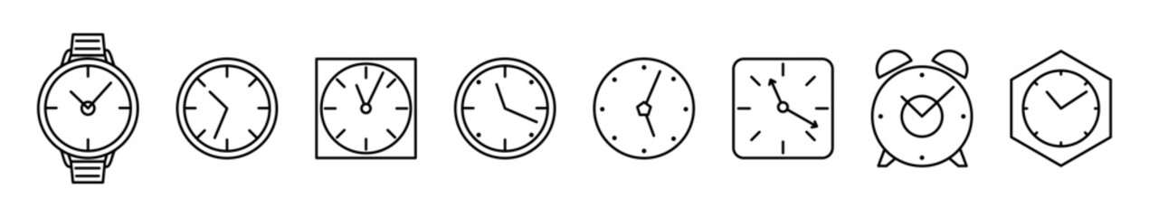 Set of Clocks line shapes, thin line design vector illustration