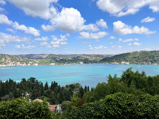 A gorgeous Bosphorus panorama taken from Aşiyan Hill, highlighting a spring atmosphere, azure sky...