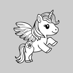 Cute cartoon unicorn . Fantastic animal. Black and white, linear, image. For the design of coloring books, prints, posters, stickers, tattoos, etc. Vector