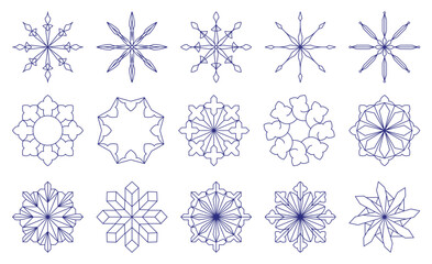 Snowflakes in blue. Geometric Christmas ornaments. Circle shapes. Designer templates for invitations and holiday cards. Vector illustration.