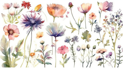 delicate watercolor beautiful meadow flowers on white background. generative ai	

